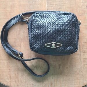 Elliot Lucca Black Woven Leather Small Shoulder Bag Crossbody Vintage Adjustable